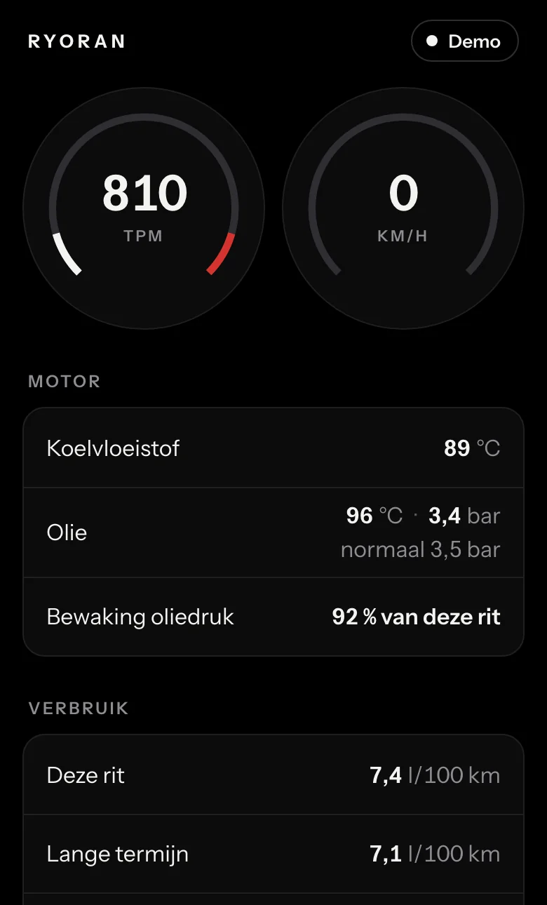 De app: toerental, snelheid, koelvloeistof, olie en verbruik.